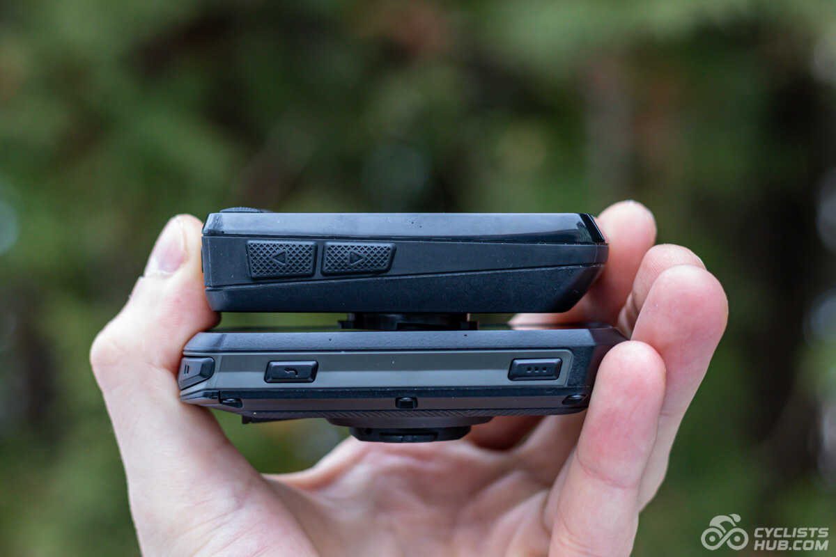 Me holding the Garmin Edge 550 vs. Wahoo ELEMNT BOLT 3 showing the right side.