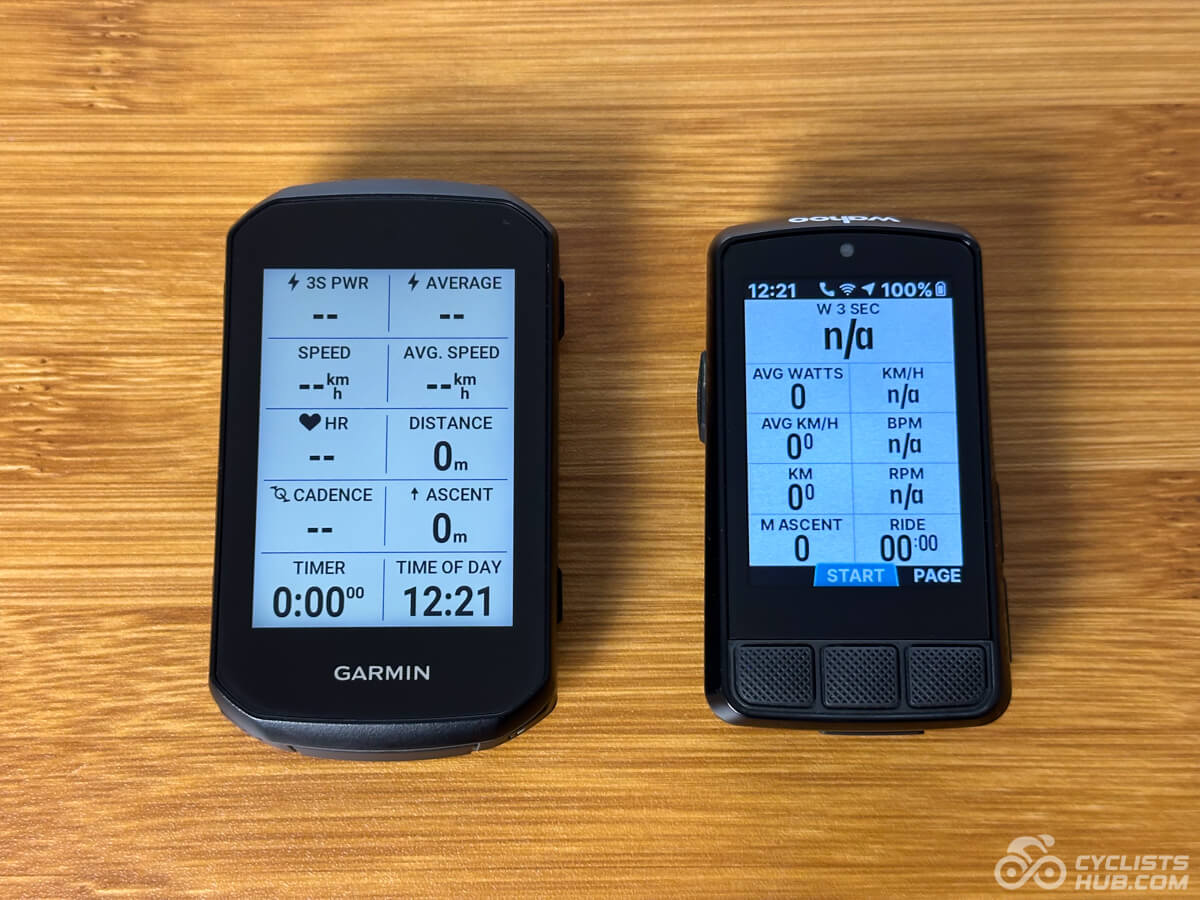Garmin Edge 550 vs. Wahoo ELEMNT BOLT 3 workout page comparison.