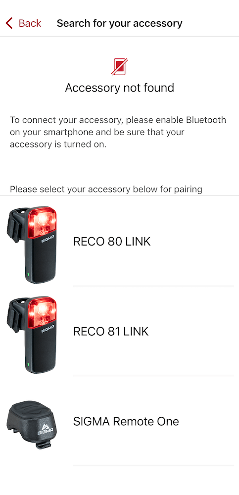 Sigma Ride App - radar pairing step 1.