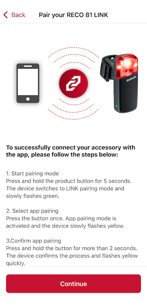 Sigma Ride App - radar pairing step 2.