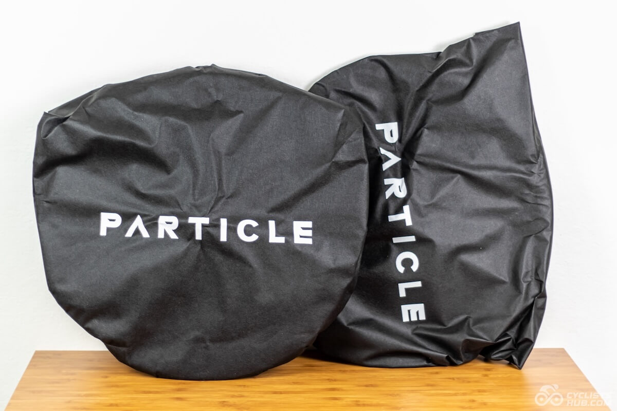 Particle GCX45 wheels in black Particle wheel bags.