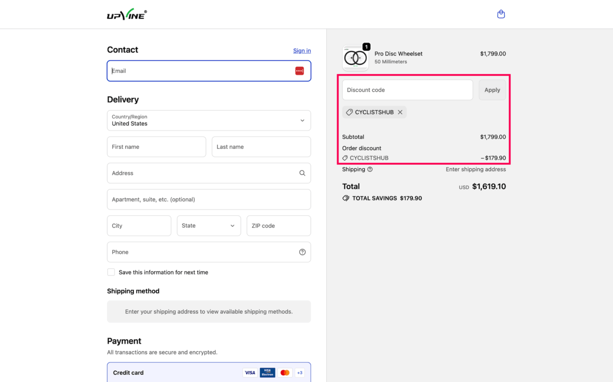Screenshot of the upvine.com website with the CYCLISTSHUB discount code inserted into the cart giving the customer the discount.