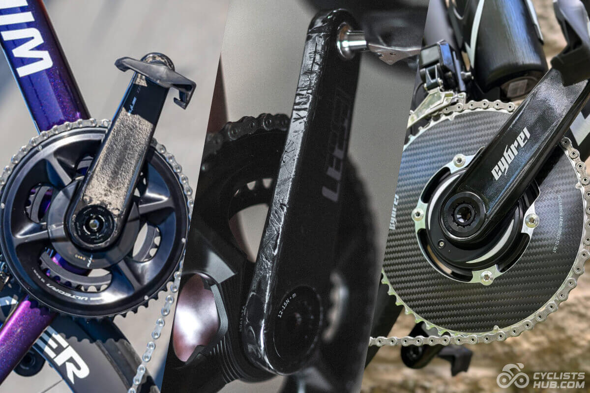 Best Chinese carbon cranks: An image divided into thirds, showing Elilee X310, Leese, and Cybrei carbon cranks.