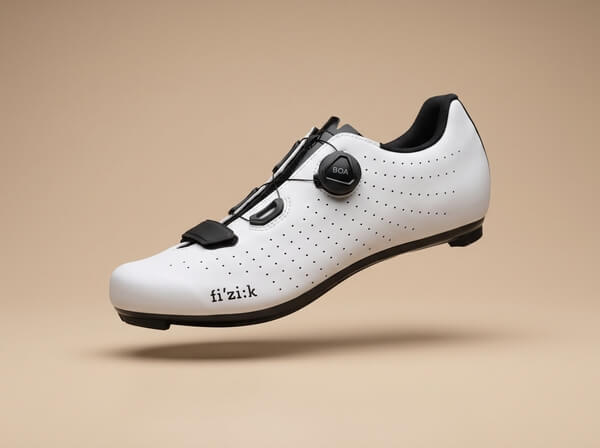 White and black Fizik Tempo Overcurve R5 road cycling shoe with a single BOA dial and Velcro strap, side view.