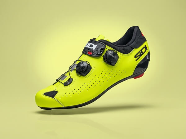 Neon yellow and black SIDI Genius 10 road cycling shoe with dual Tecno-3 dials, side view.